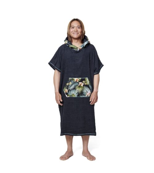 kangaroo pocket island paradise in black. This changing towel is ultra absorbent and super cozy, with a terry lined kangaroo pocket and hoodie to keep your hands and head warm.  Now, a little wider and with longer sleeves, for an even better changing experience.